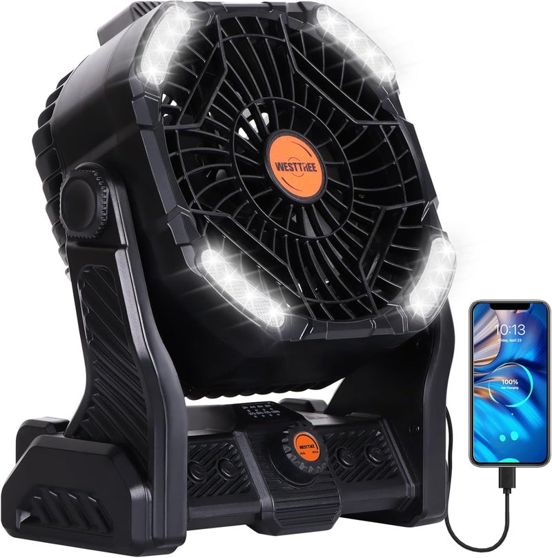 WESTTREE 20000mAh Camping Fan with LED Lantern USB TpyeC Rechargeable Battery Operated Fan Outdoor Fans with Light & Hook,4 Speeds Personal USB Desk for Camping Black X26A - Image 1